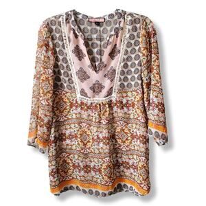 Women Olive Hill Artsy Print Tunic Top Blouse L Boho Sheer Hippie Casual Fall